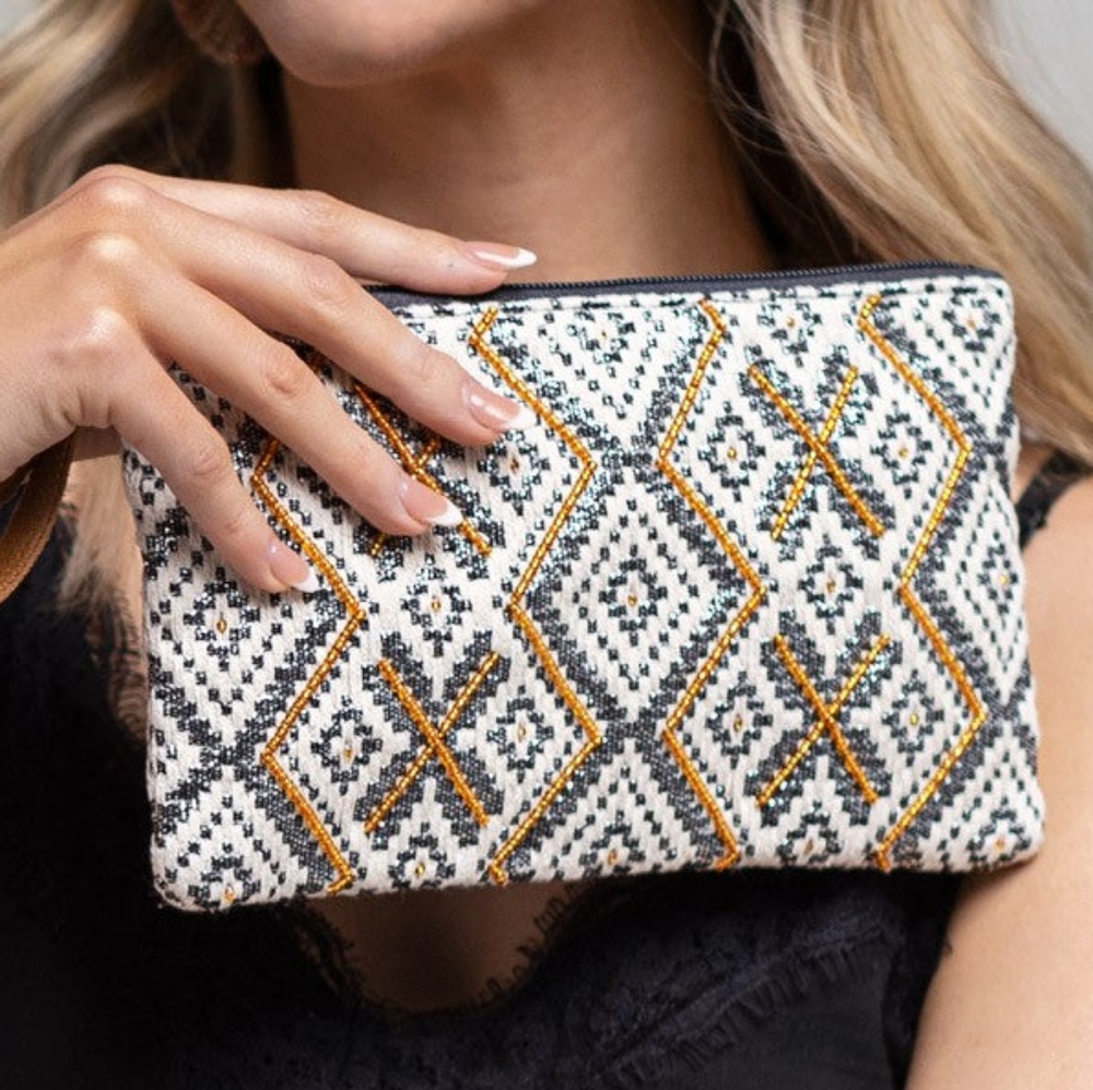 Handmade Hand Beaded Wristlet Clutch - Ethnic Inspired Motive - Gold Seed Beeds